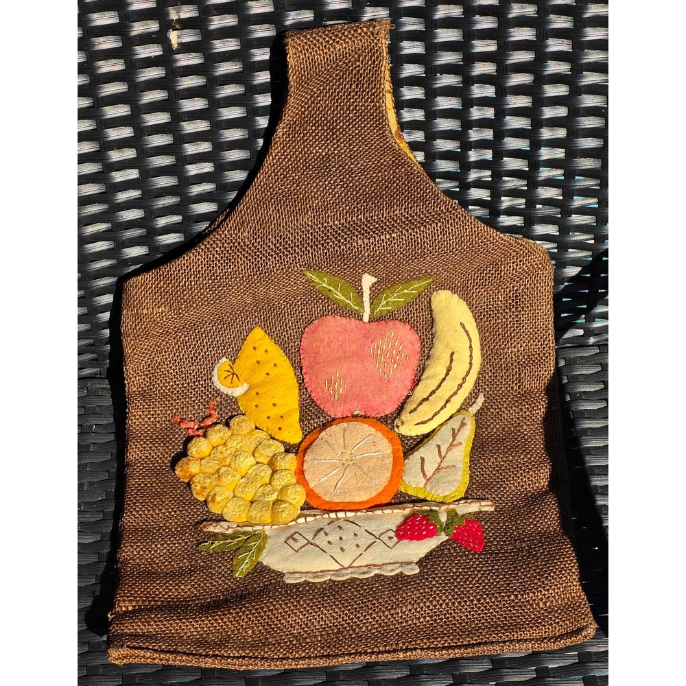 VTG Boho Rustic Cottagecore Handmade Kitsch Burlap Felt 3D Fruit Bowl Tote 70s